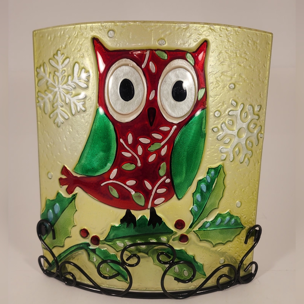 Large Christmas Owl Pressed & Hand Painted Glass Candle Holder Vintage